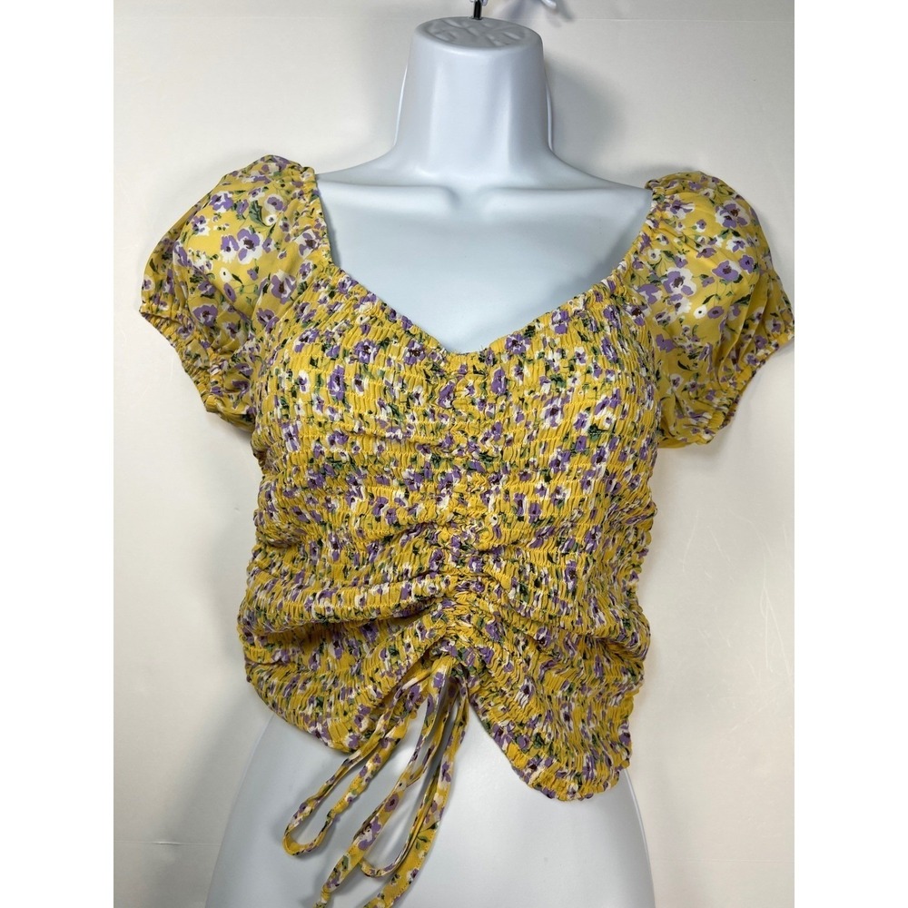 Blush BJ Smocked Top Small Yellow Floral Drawstring Sweetheart Puff Sleeve Boho
